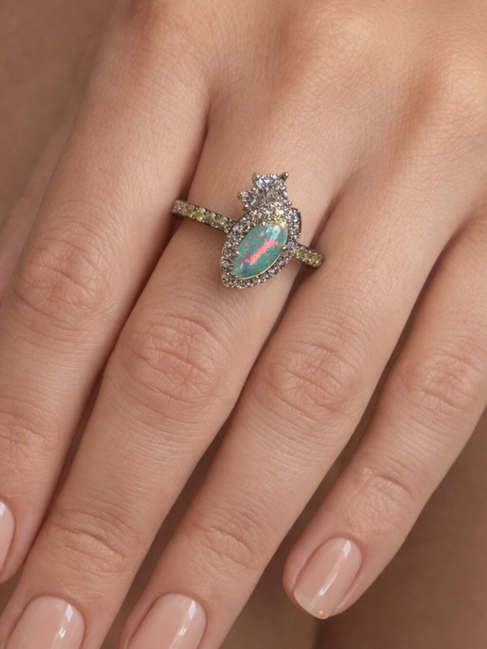Bomb Party NWT “Drops of Sparkle” Lab Opal Ring Rhodium Plated Statement Ring